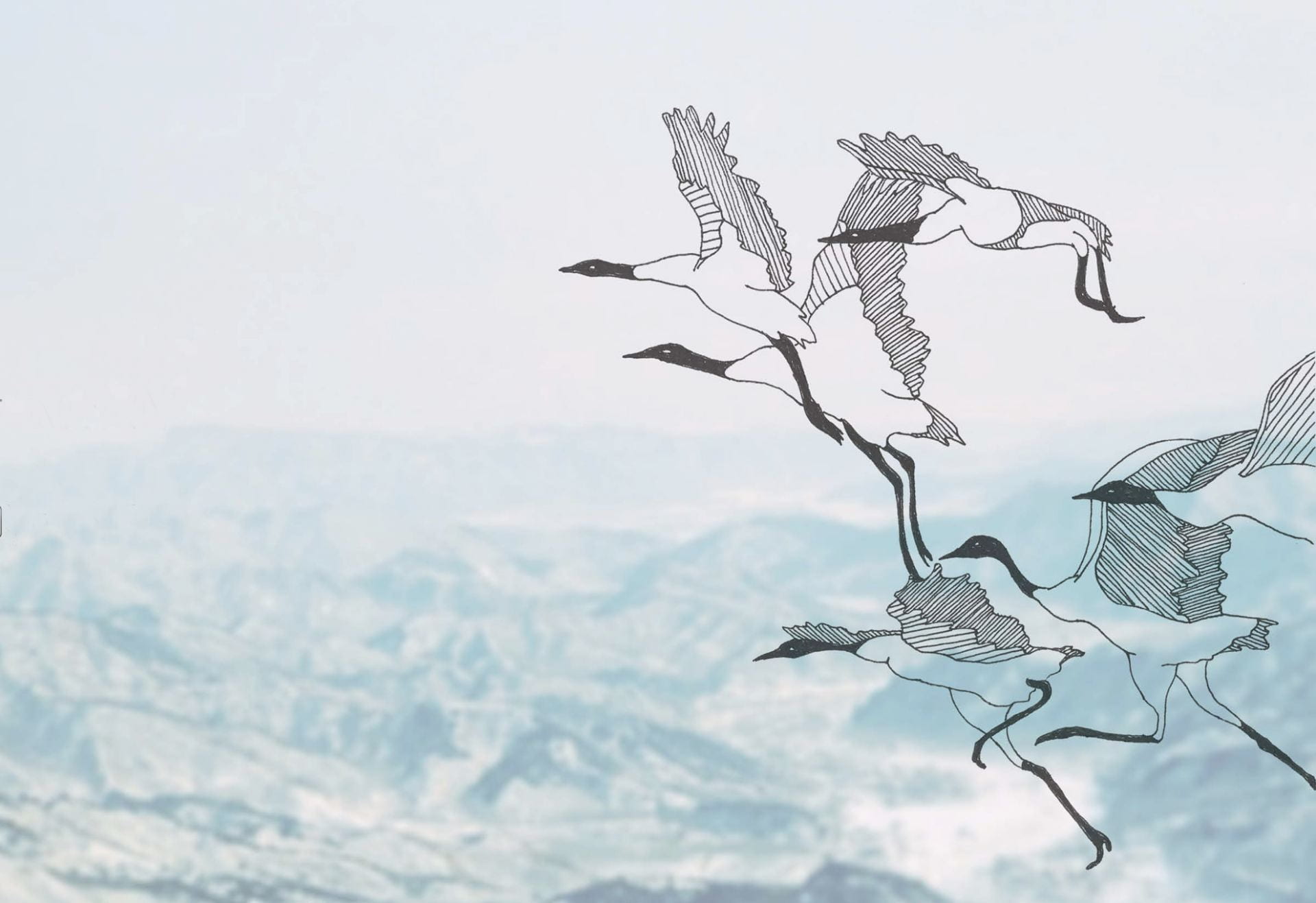 A blurry photo of mountains with an illustration of flying geese in the foreground